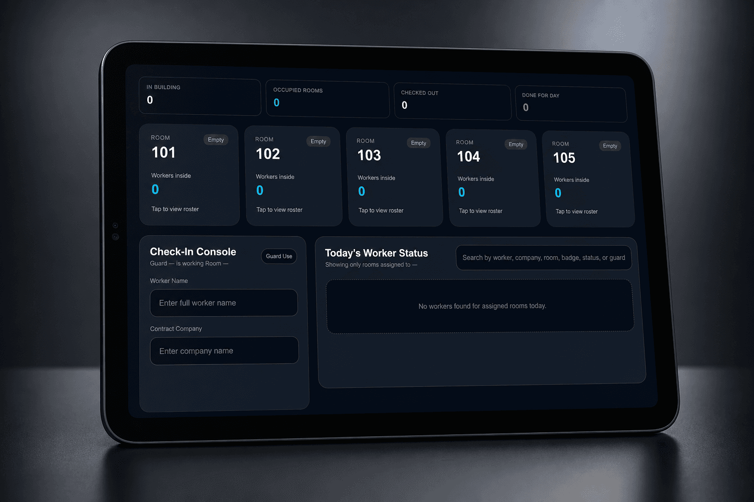 RoomKey Cloud guard console shown on a tablet